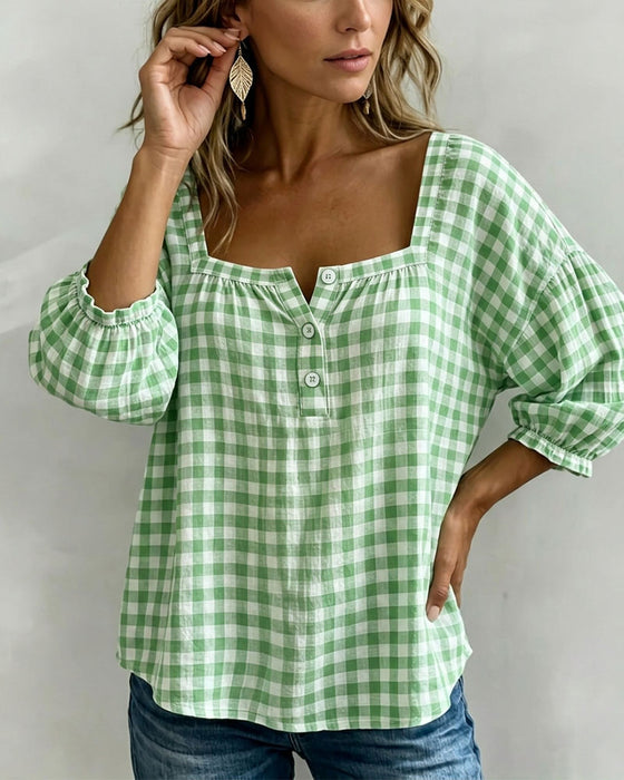 Blouse Vierkante Hals Knoopsluiting Ruit