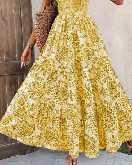 Jurk Retro Print V-Hals Ingesnoerde Taille Lang