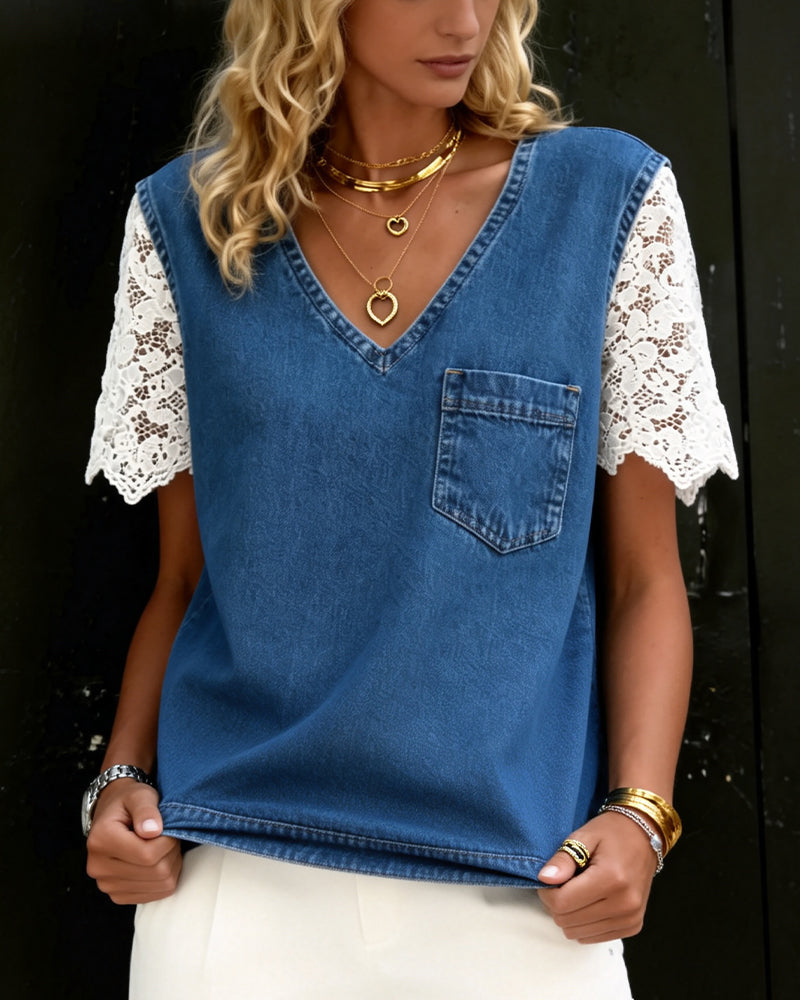 Haut Denim Dentelle Patchwork Col V