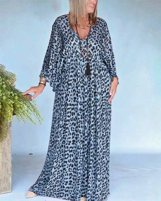 Jurk V-Hals Luipaardprint Loose Fit Casual