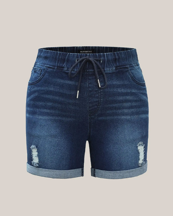 Shorts Elastische Taille Gescheurde Denim