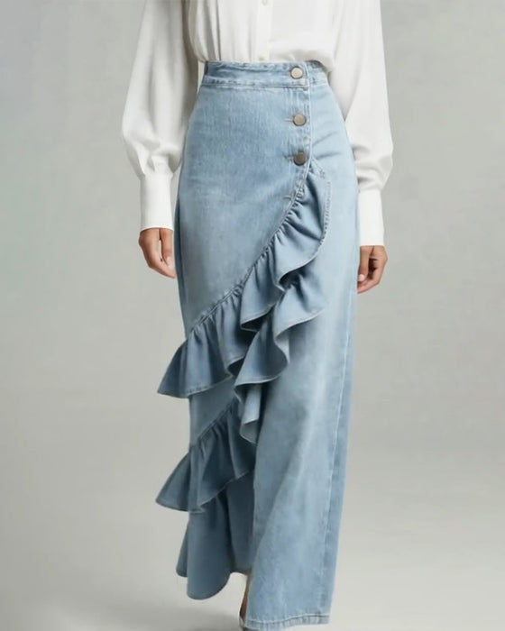 Denim Broek Modieus Ruches Rand