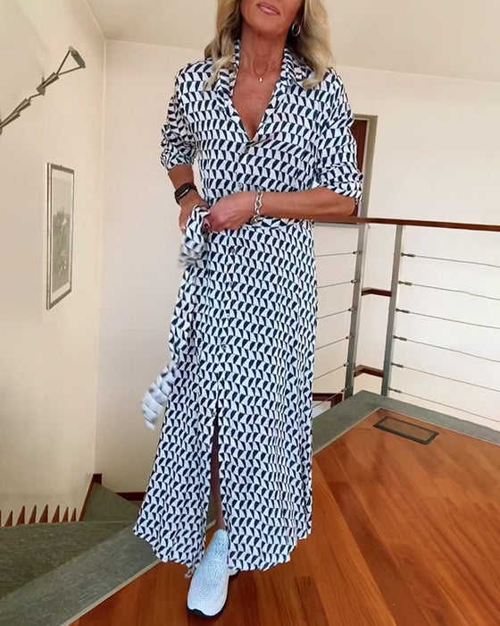 Jurk met revers en split met geometrische print