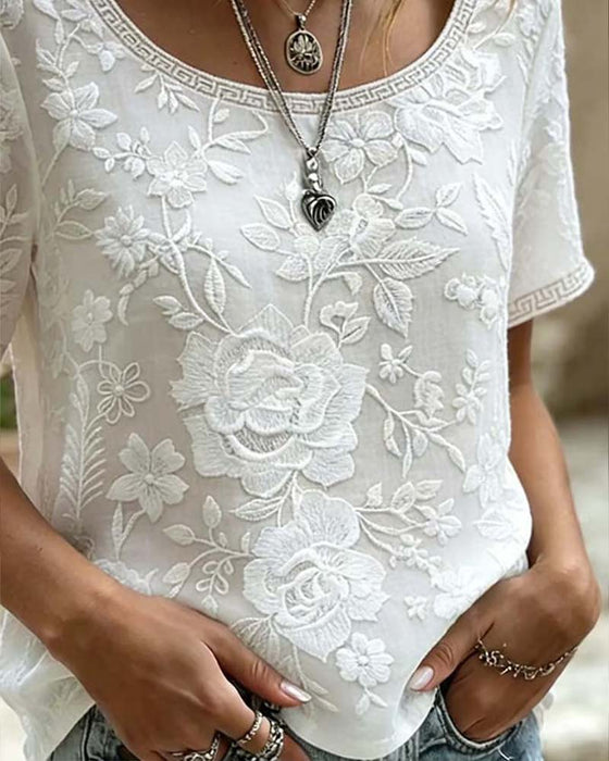Blouse Rondhals Geborduurd Kant Patchwork