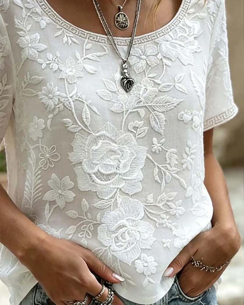 Blouse Rondhals Geborduurd Kant Patchwork