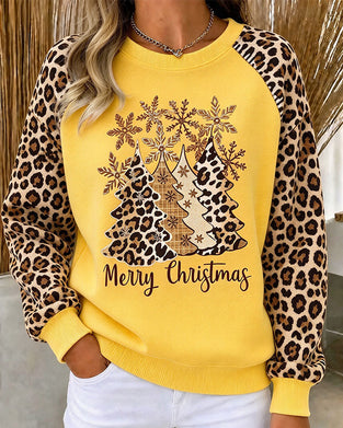 Sweatshirt Ronde Hals Luipaardprint Kerstboom Kleurblok