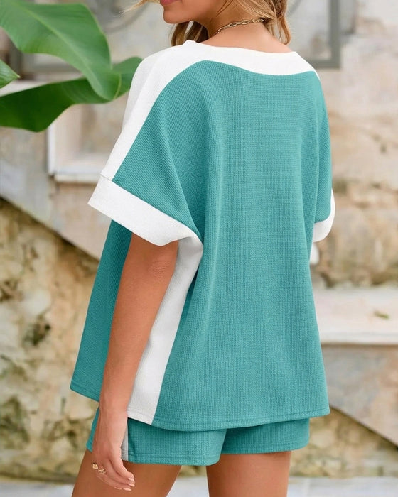 Set Kleurblok Korte Mouw Shorts Casual