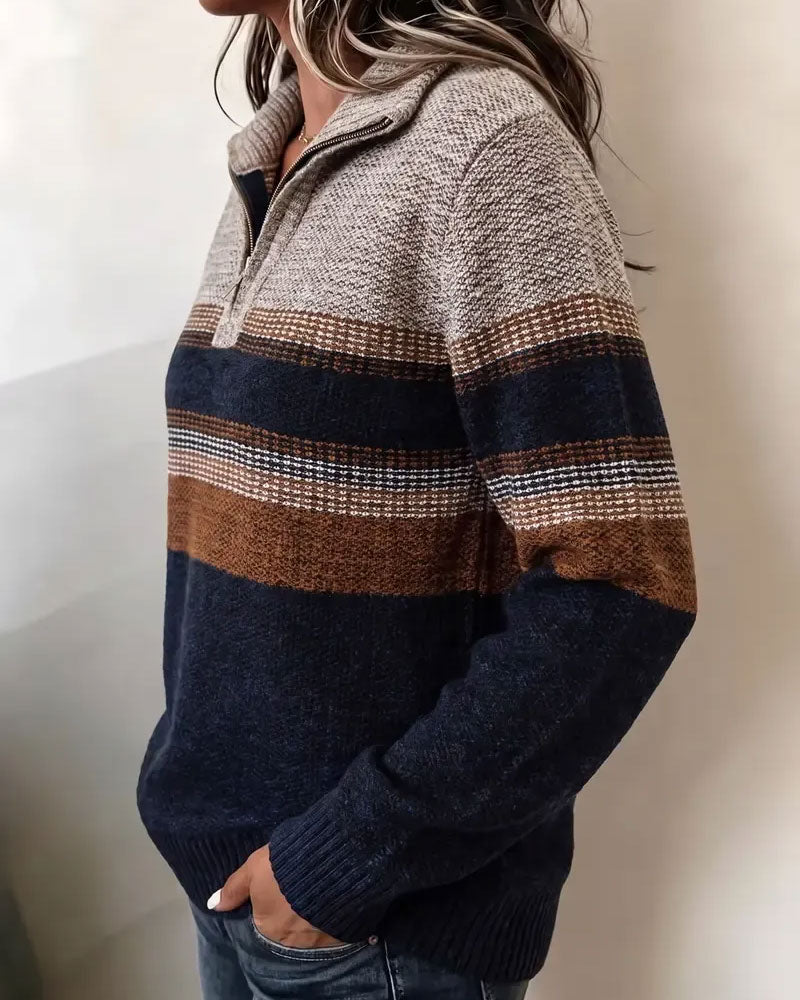 Pullover Revers Rits Gestreept Contrast