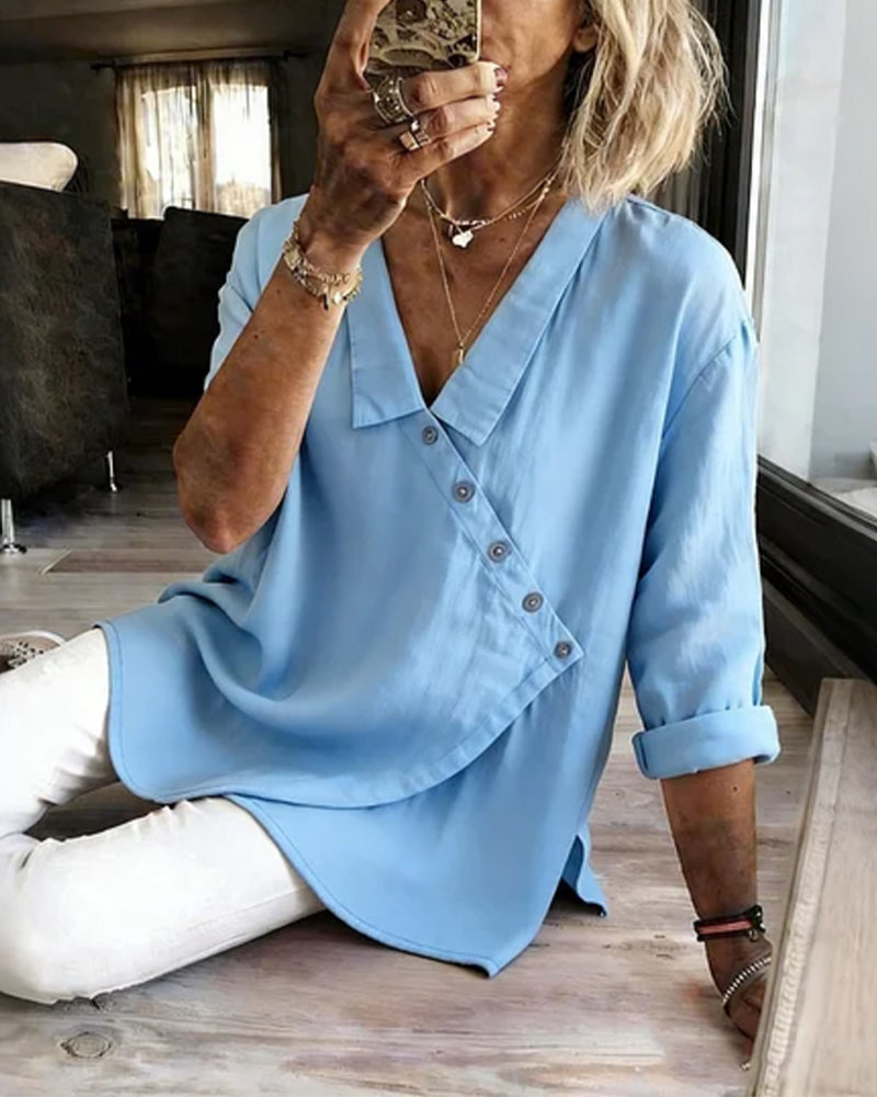 Blouse Met Asymmetrische Diagonale Knoopsluiting En Kraag