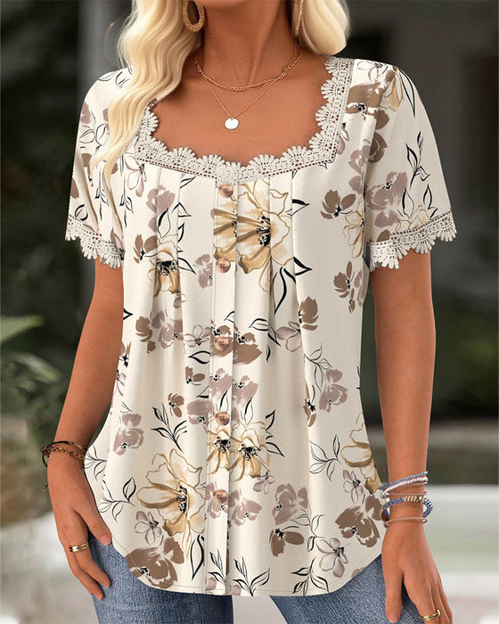 Blouse Vierkante Hals Casual Geplooid Bedrukt