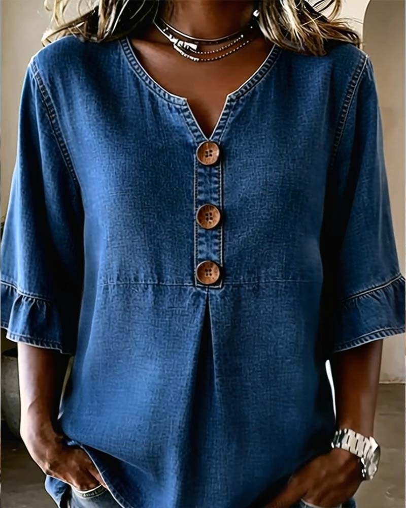 Blouse V-Hals Uitlopende Mouw Denim