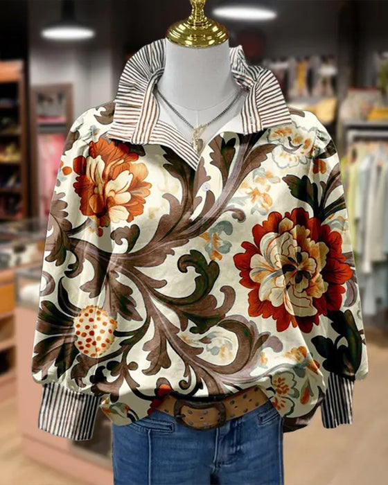 Vintage Bloemen Patchwork Streep Knoopsgat Blouse