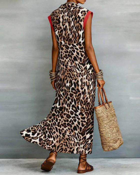 Jurk Knoopsgat Luipaard Afdruk Contrast Maxi