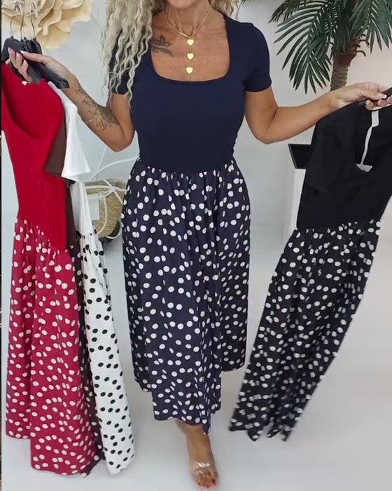 Jurk Vierkante Hals Polka Dot Patchwork