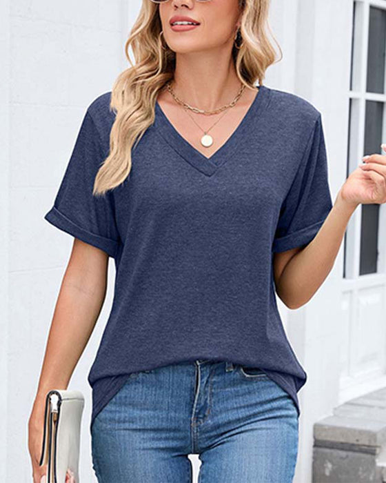 T-Shirt Effen V-Hals Casual Korte Mouw