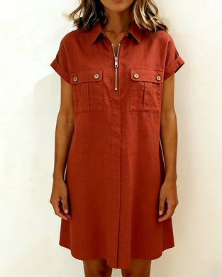 Jurk Rits Zak Korte Mouw Katoen Linnen