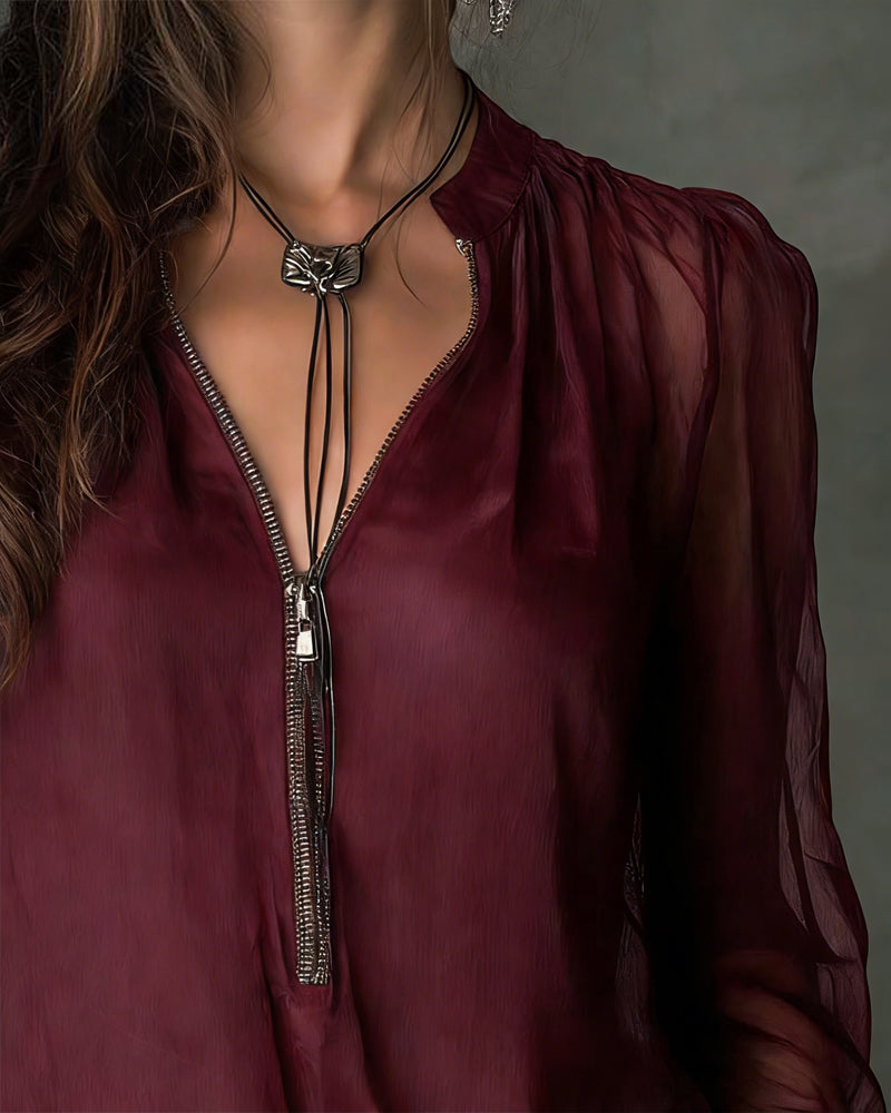 Blouse Half-ritsluiting Gaas Lange-mouw