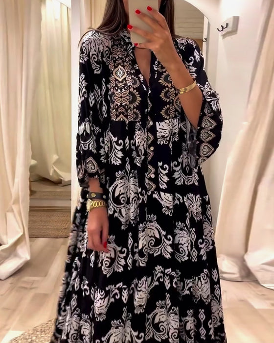 Vintage losse jurk met print en geplooide