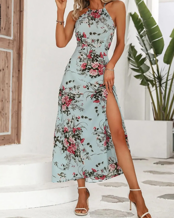 Jurk Halterneck Split Getailleerd Bloemenprint
