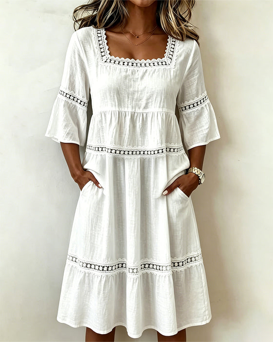 Jurk Vierkante Hals Kant Patchwork