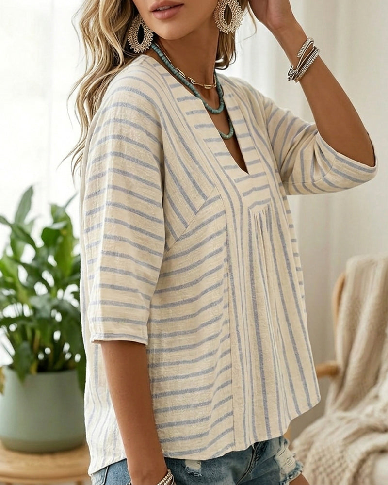 Blouse Streep Textuur Halve Mouw Ontspannen