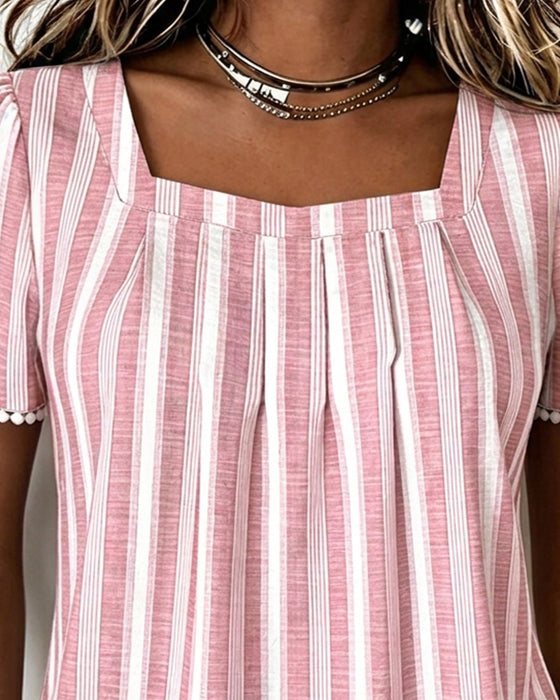 Blouse Gestreept Vierkante Hals Korte Mouw