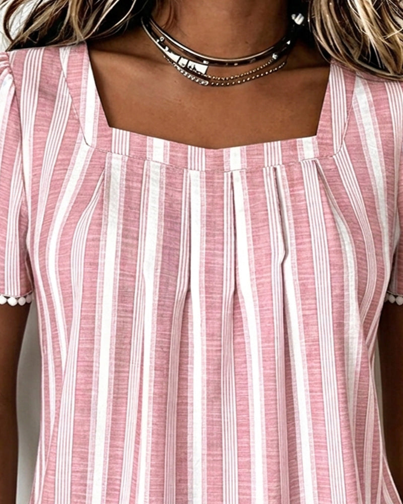 Blouse Gestreept Vierkante Hals Korte Mouw