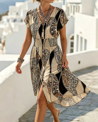 Jurk Luipaardprint V-Hals Knoop Taille