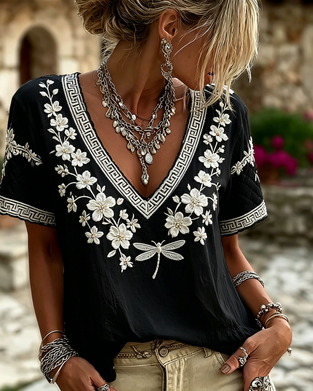 Blouse V-hals Korte Mouw Geprint