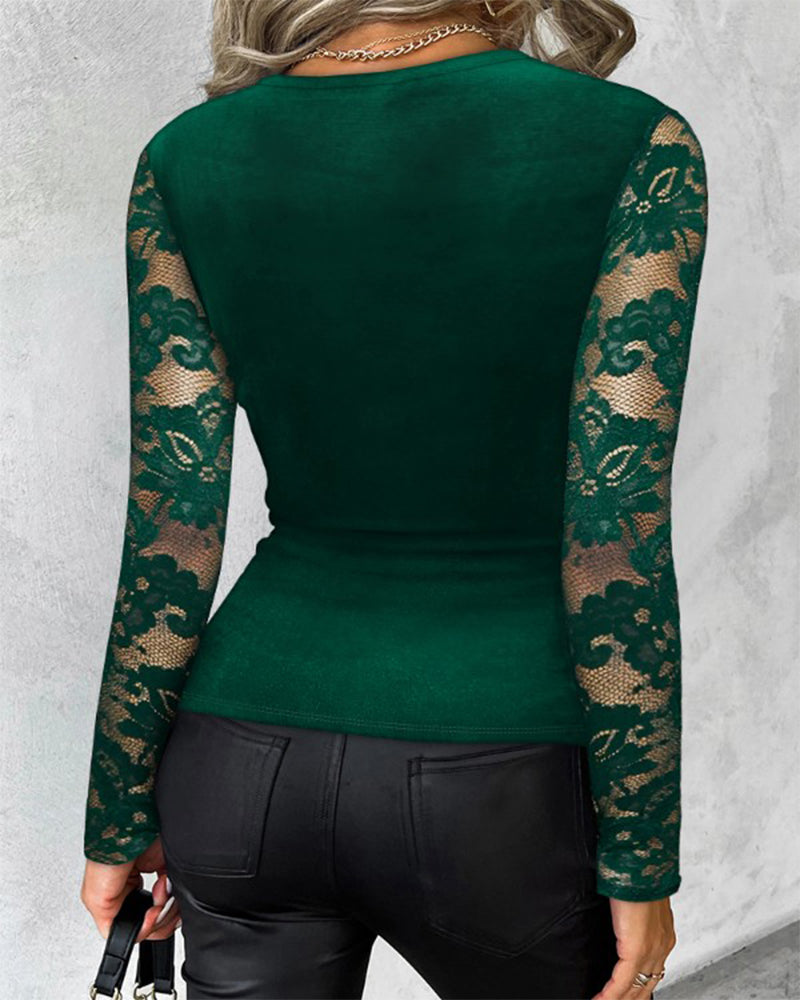 Top Met Sexy Stijl, V-Kraag Ontwerp, Kantstof En Lange Mouwen