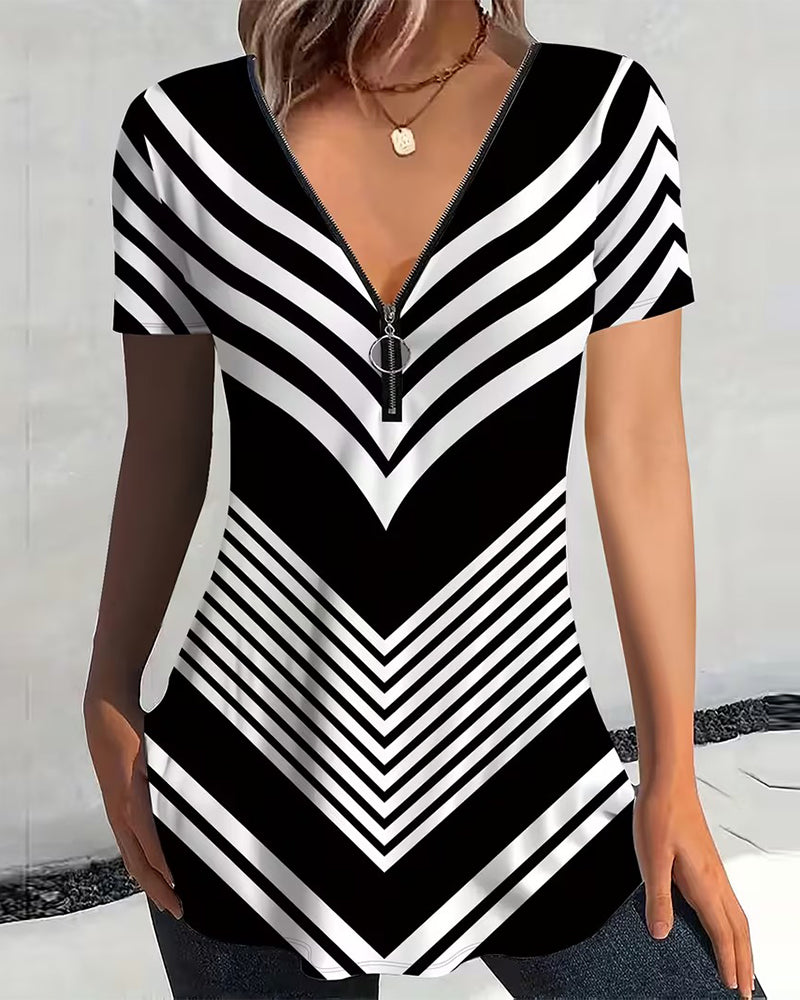 T-shirt Rits V-Hals Gestreept