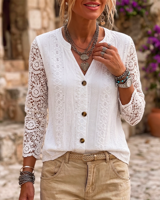 Blouse V-Hals Kant Knoop Effen