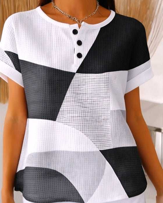 Blouse Rondhals Knoop Kleurblok Wafel