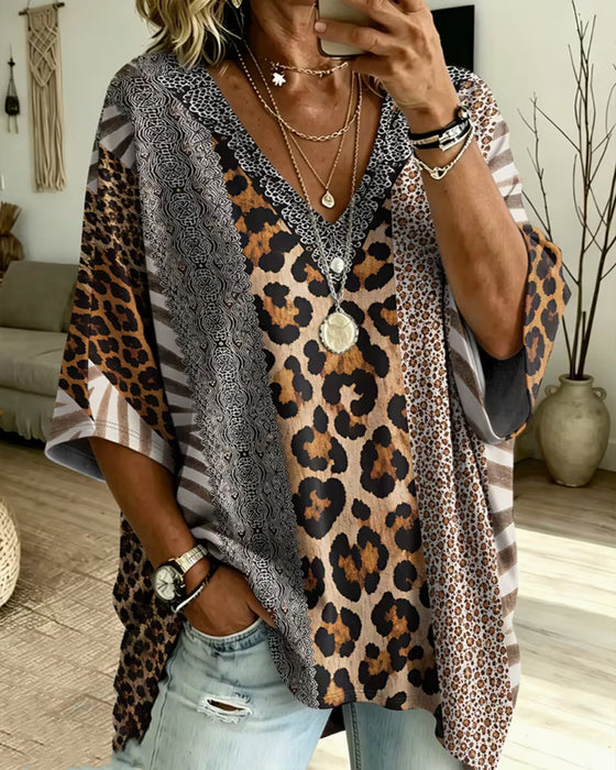 Top Luipaardprint Patchwork V-Hals Casual