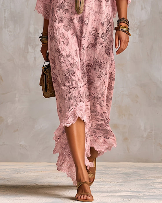 Jurk V-Hals Kant Patchwork Asymmetrisch