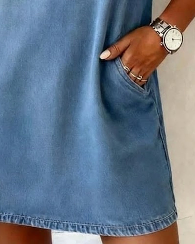 Jurk Denim V-hals Korte Mouw Shift