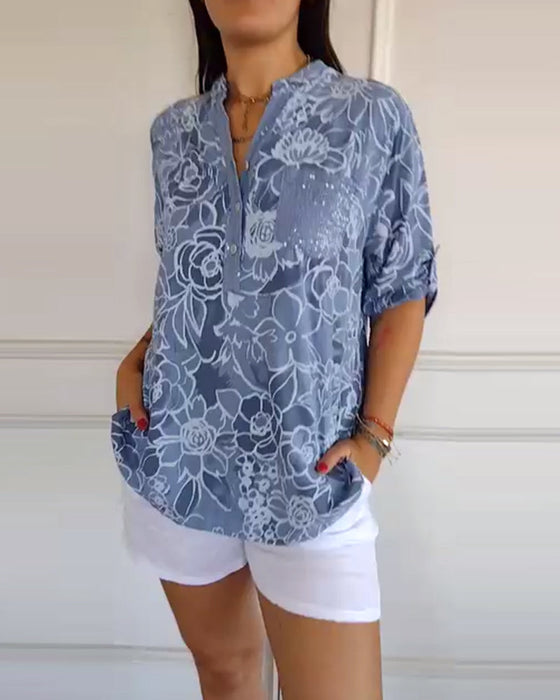 Blouse V-hals Met Knopen Bedrukt