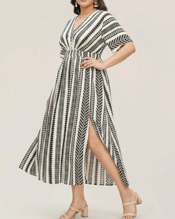 Jurk Diepe V Blauw Wit Geometrische Streep Taille