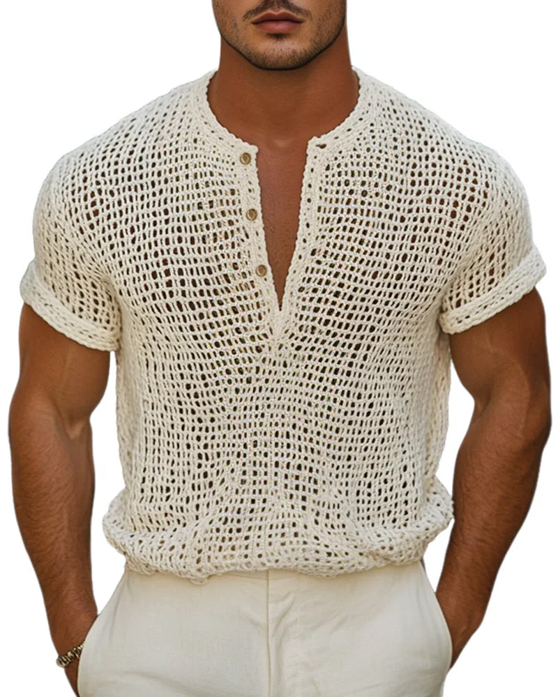 Heren T-Shirt Knoop Kleine V-Hals Korte Mouw