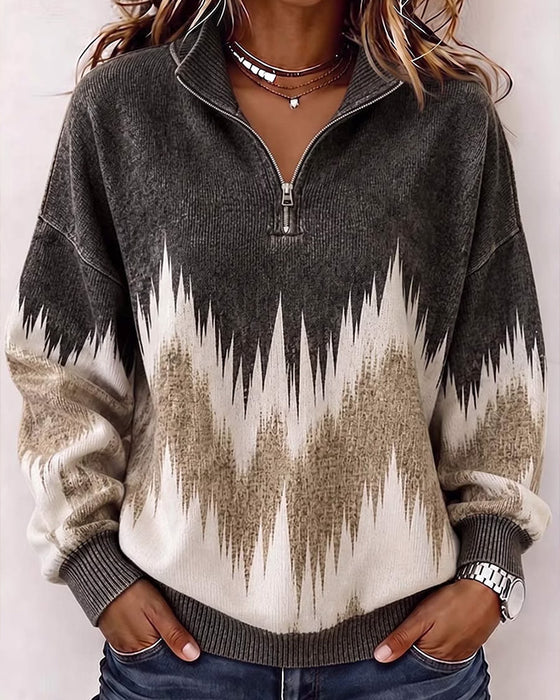 Sweatshirt Kraag Rits Kleurblok Losse Pasvorm