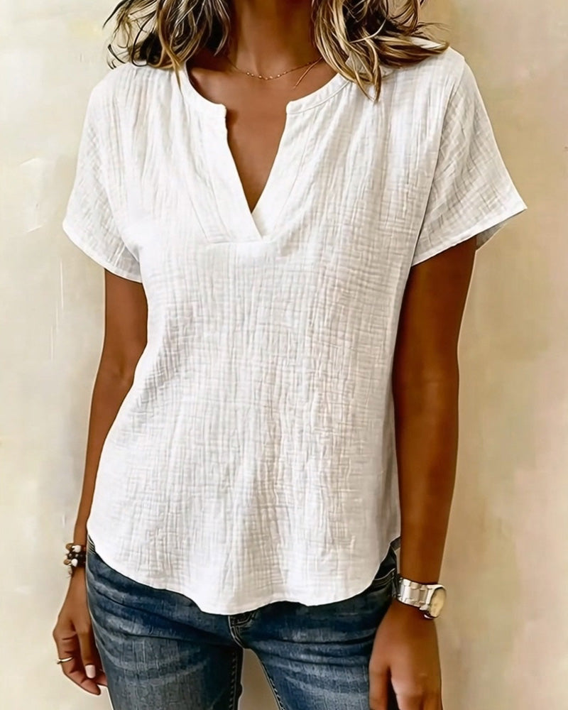 Blouse V-hals Effen Korte Mouw