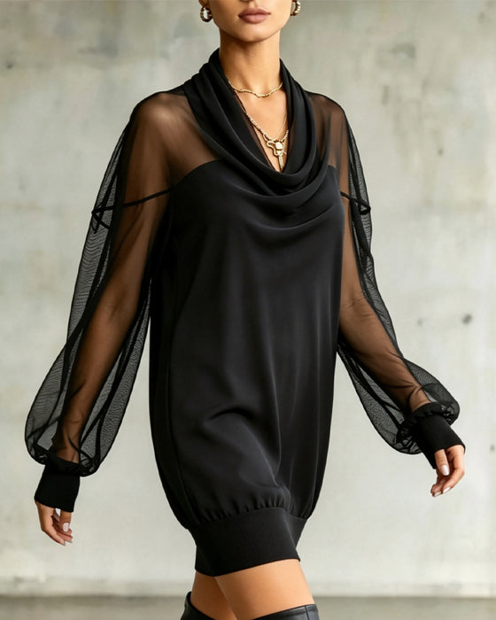 Jurk Cowl Neck Lange Mouw Mesh
