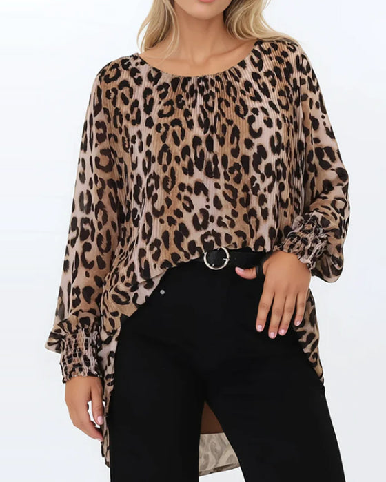 Blouse Ronde Hals Luipaard Onregelmatig Lantaarn Mouw