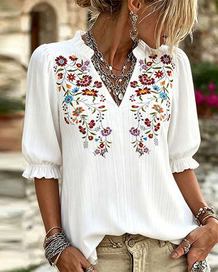 Blouse Ruffle Trim Print Casual