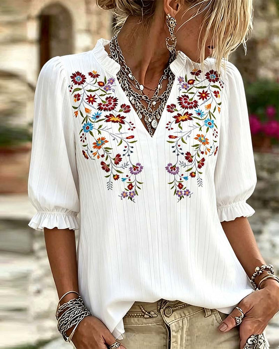 Blouse Ruffle Trim Print Casual