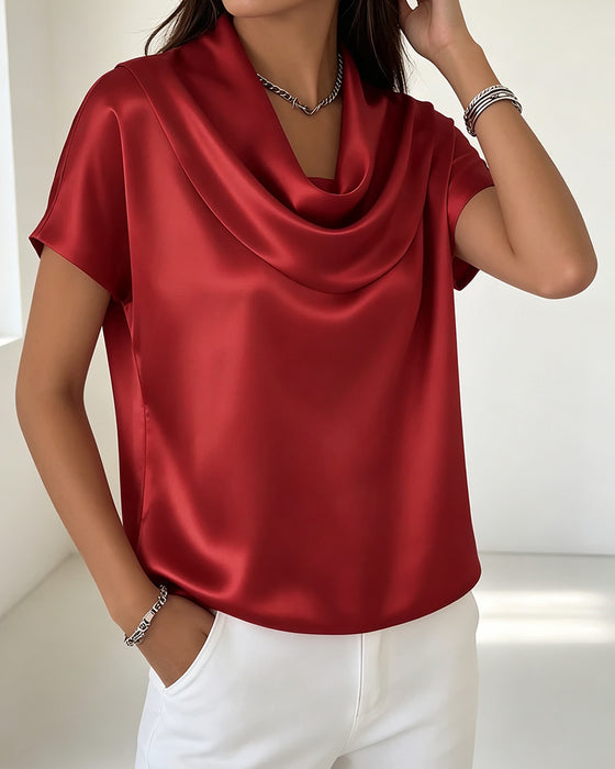 Blouse Effen Kleur Gedrapeerde Kraag