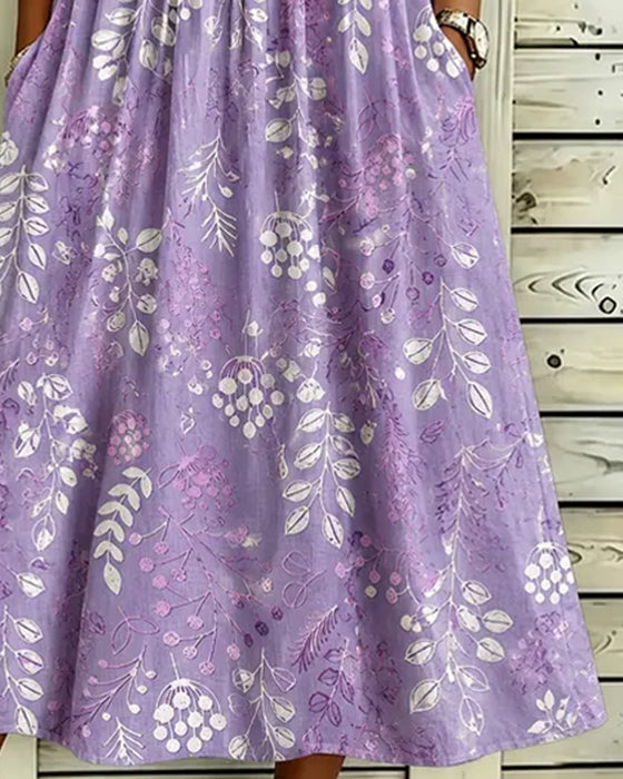 Jurk Ronde Hals Blad Print Getailleerde Taille
