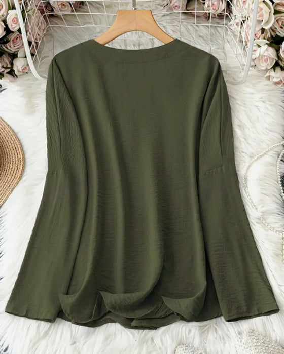 Blouse V-Hals Onregelmatig Effen Langmouw