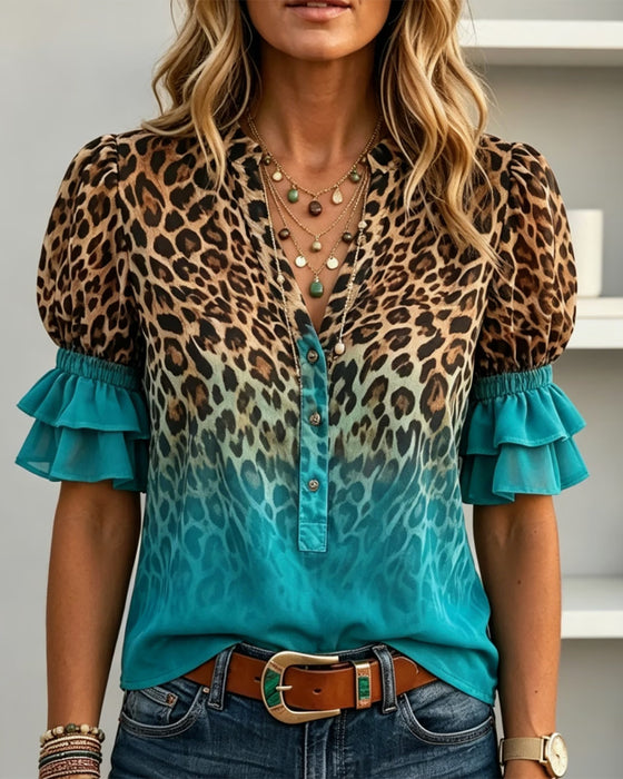 Luipaardprint V-Hals Verloop Ruche Blouse