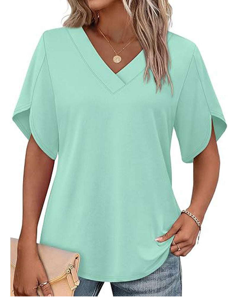 T-Shirt V-Hals Kleine Split Korte Mouw Effen